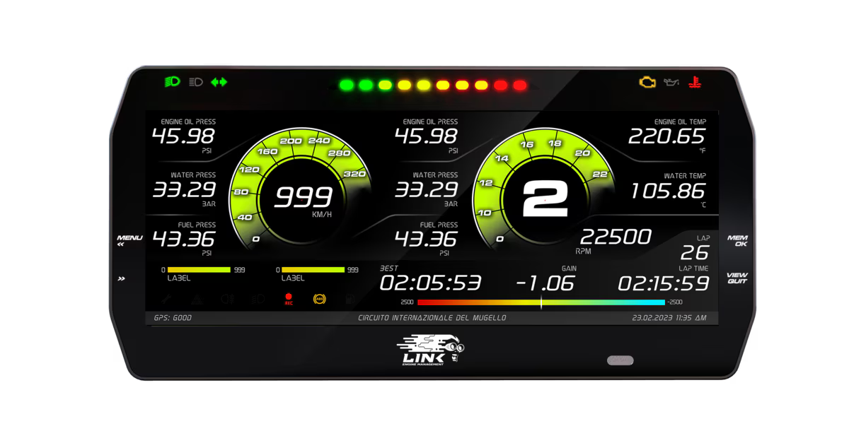 Digital dashboard display with various metrics on a black background