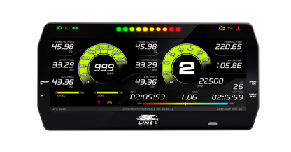 Digital dashboard display with various metrics on a black background