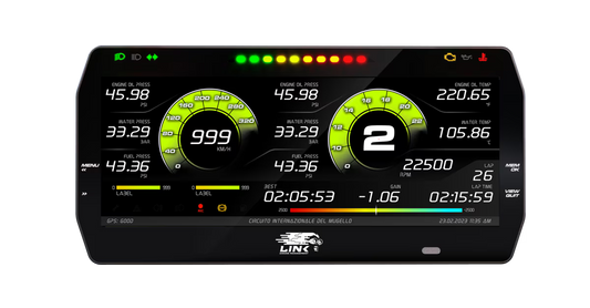 Digital dashboard display with various metrics on a black background